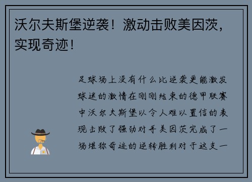 沃尔夫斯堡逆袭！激动击败美因茨，实现奇迹！